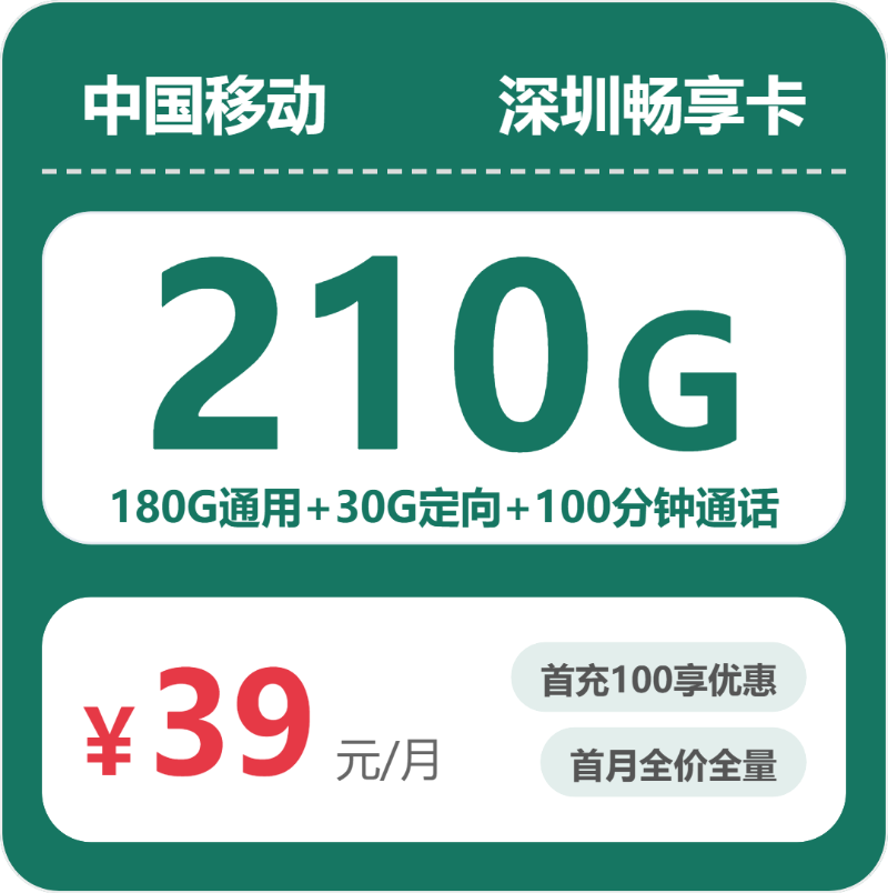 移动深圳畅享卡39元包210G+100分钟