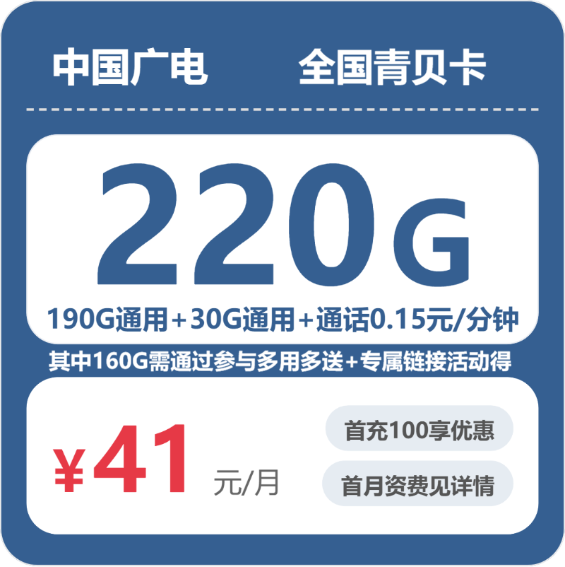广电全国青贝卡41元包220G+0.15元/分钟