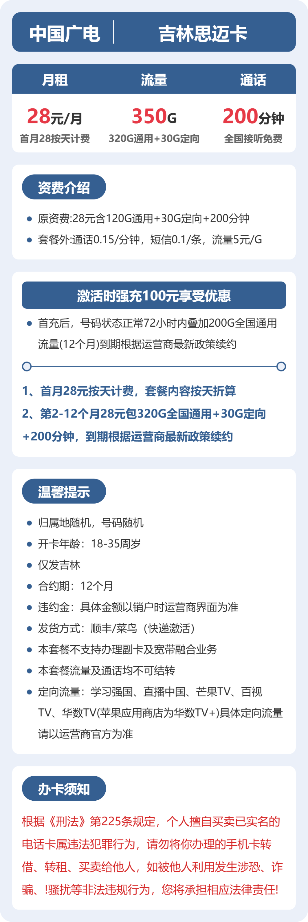 广电吉林思迈卡28元包350G+200分钟