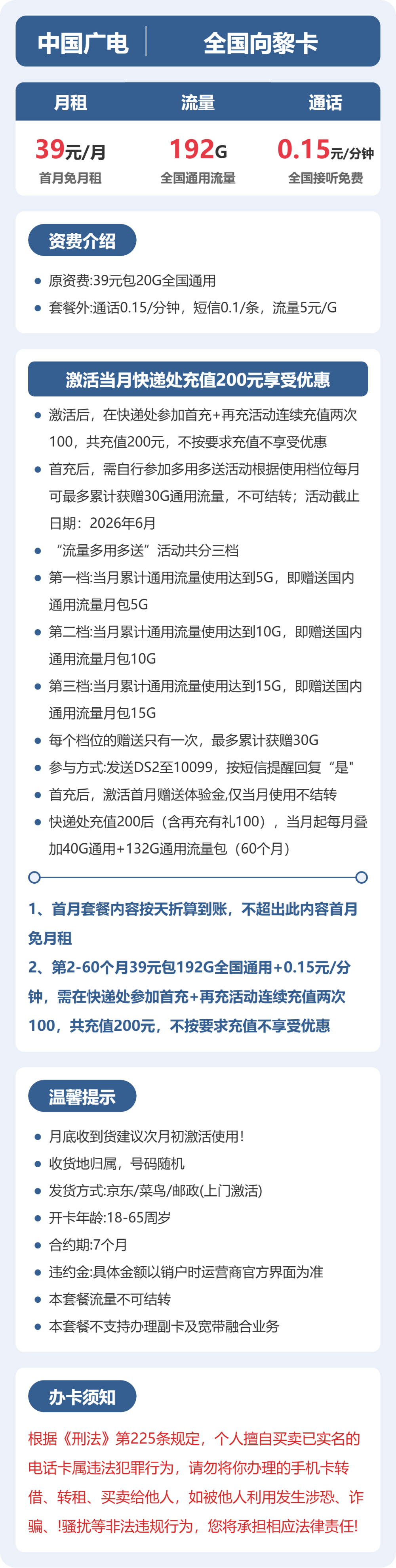 广电全国向黎卡39元包192G+0.15元/分钟