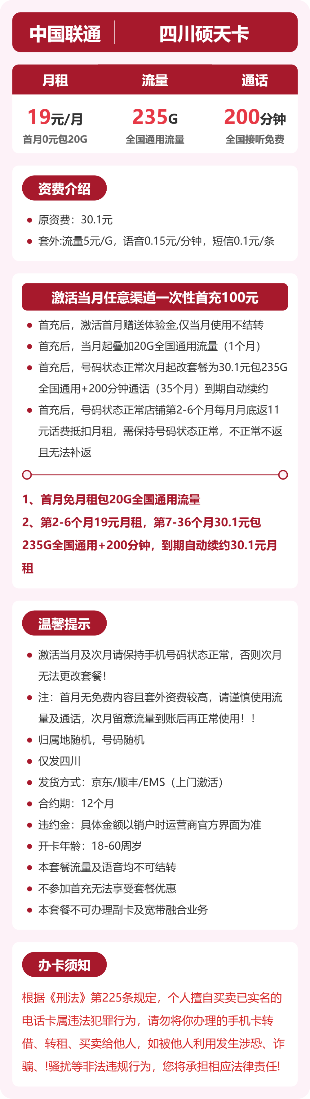 联通四川硕天卡19元包235G+200分钟