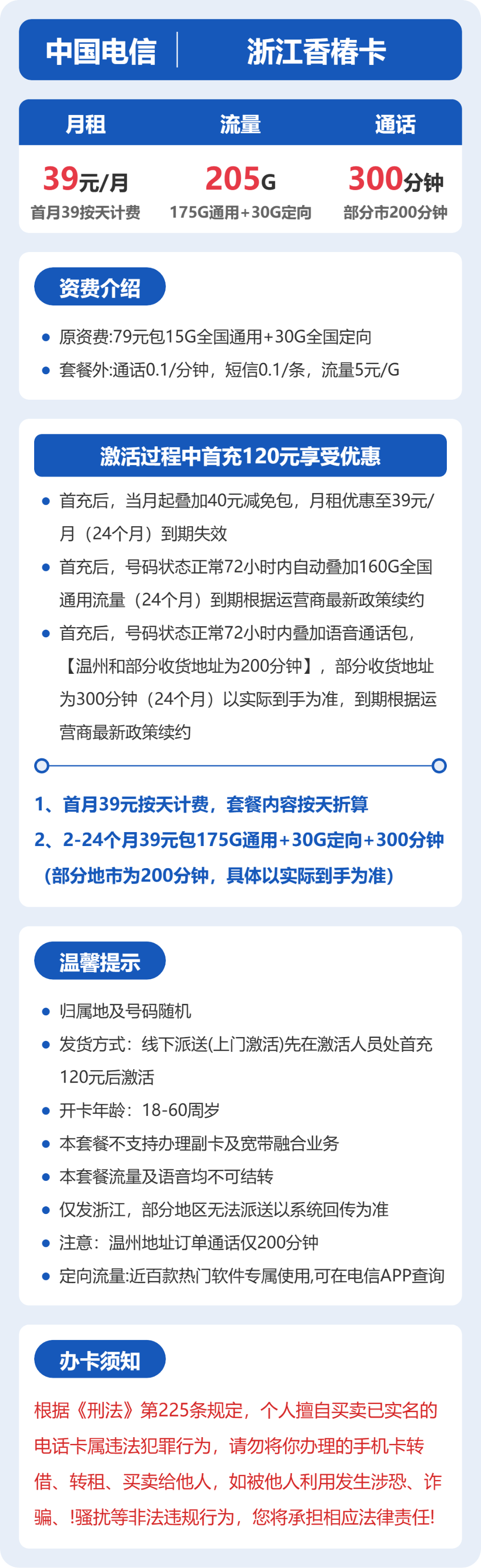 电信浙江香椿卡39元包205G+300分钟