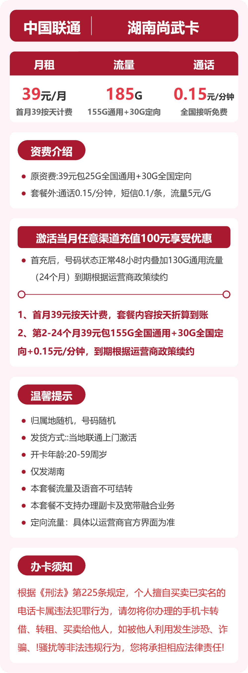 联通湖南尚武卡39元包185G+0.15元/分钟