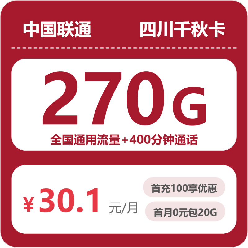 联通四川千秋卡30.1元包270G+400分钟