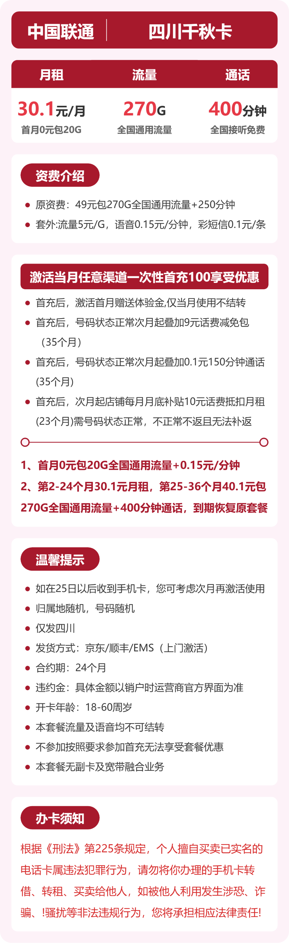 联通四川千秋卡30.1元包270G+400分钟