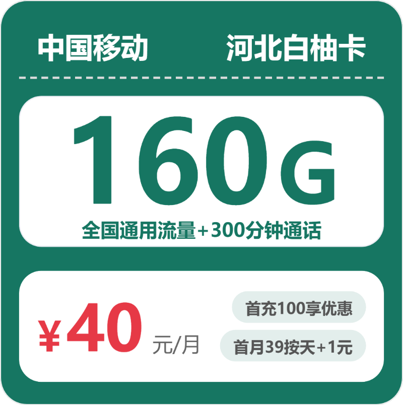 移动河北白柚卡40元包160G+300分钟