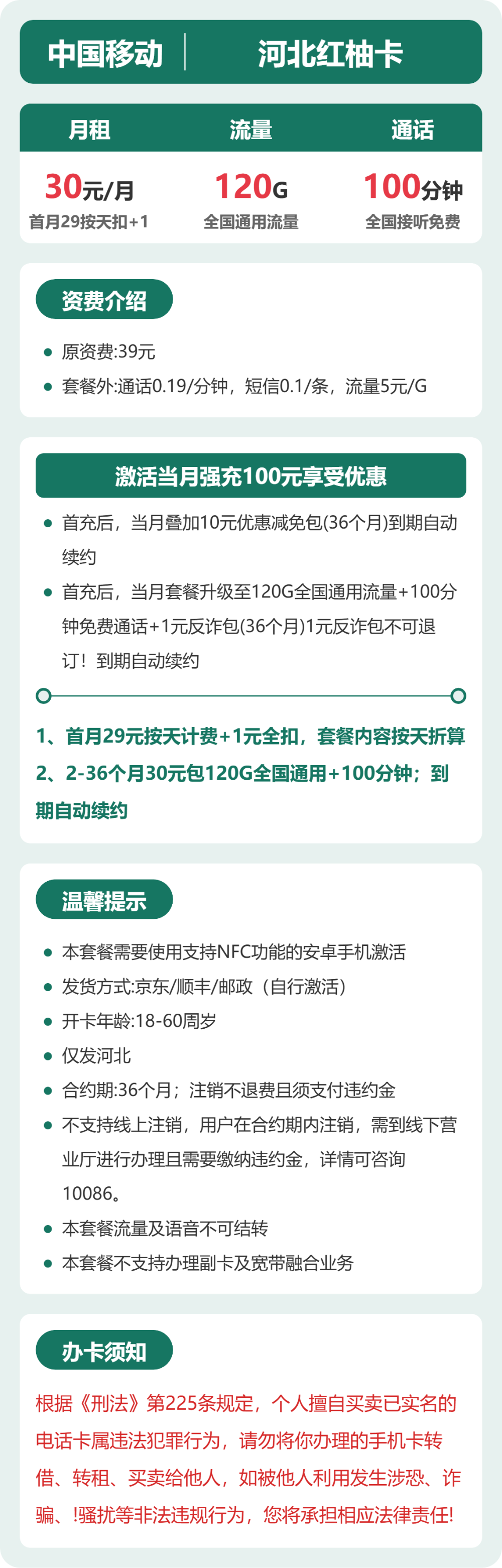移动河北红柚卡30元包120G+100分钟