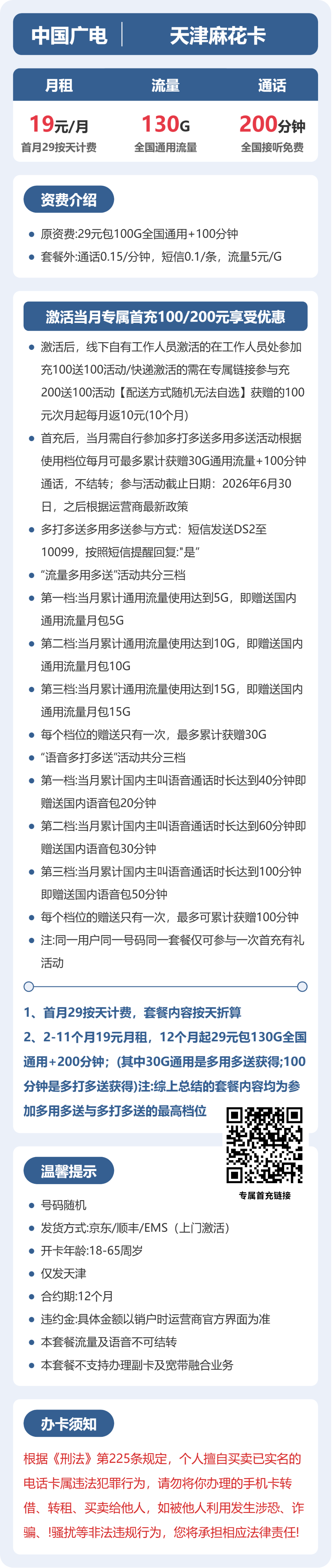 广电天津麻花卡19元包130G+200分钟