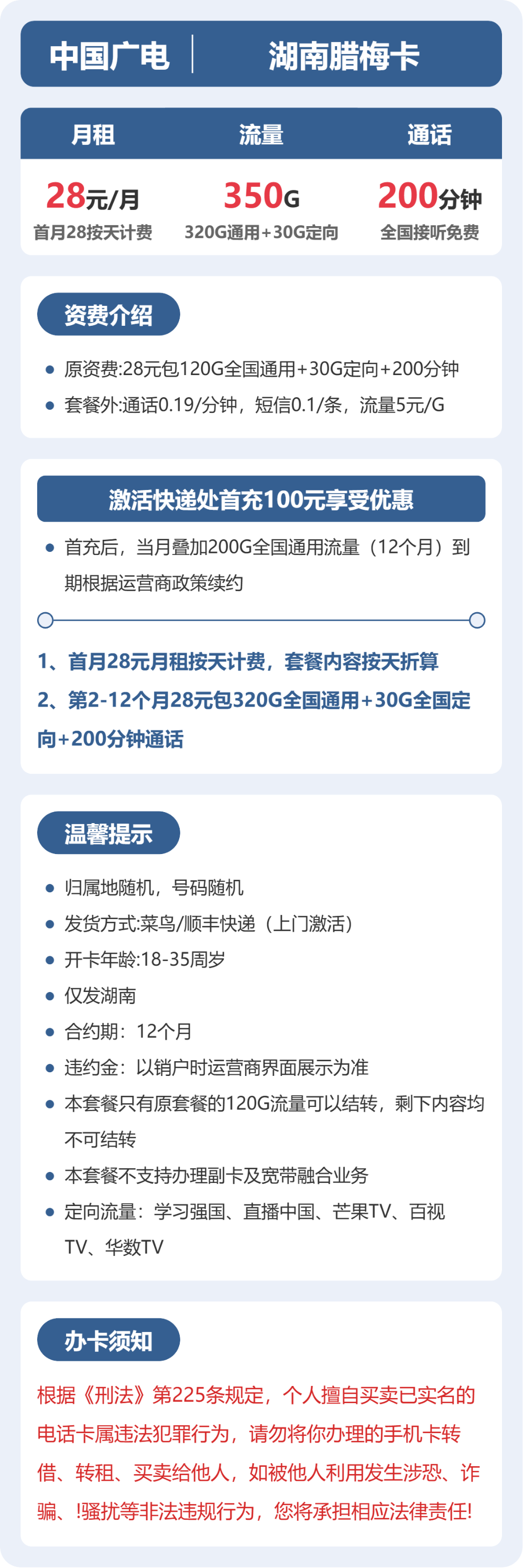 广电湖南腊梅卡28元包350G+200分钟