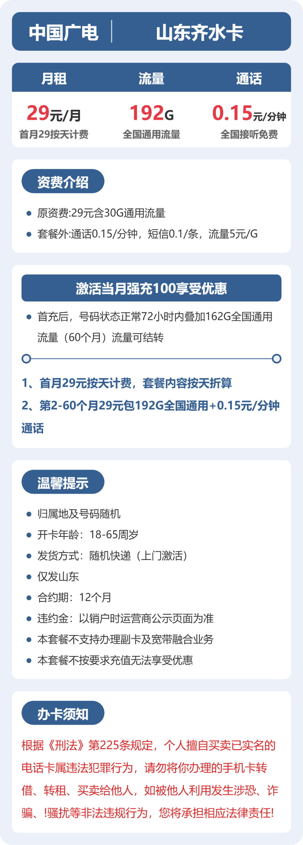 广电山东齐水卡29元包192G+0.15元/分钟
