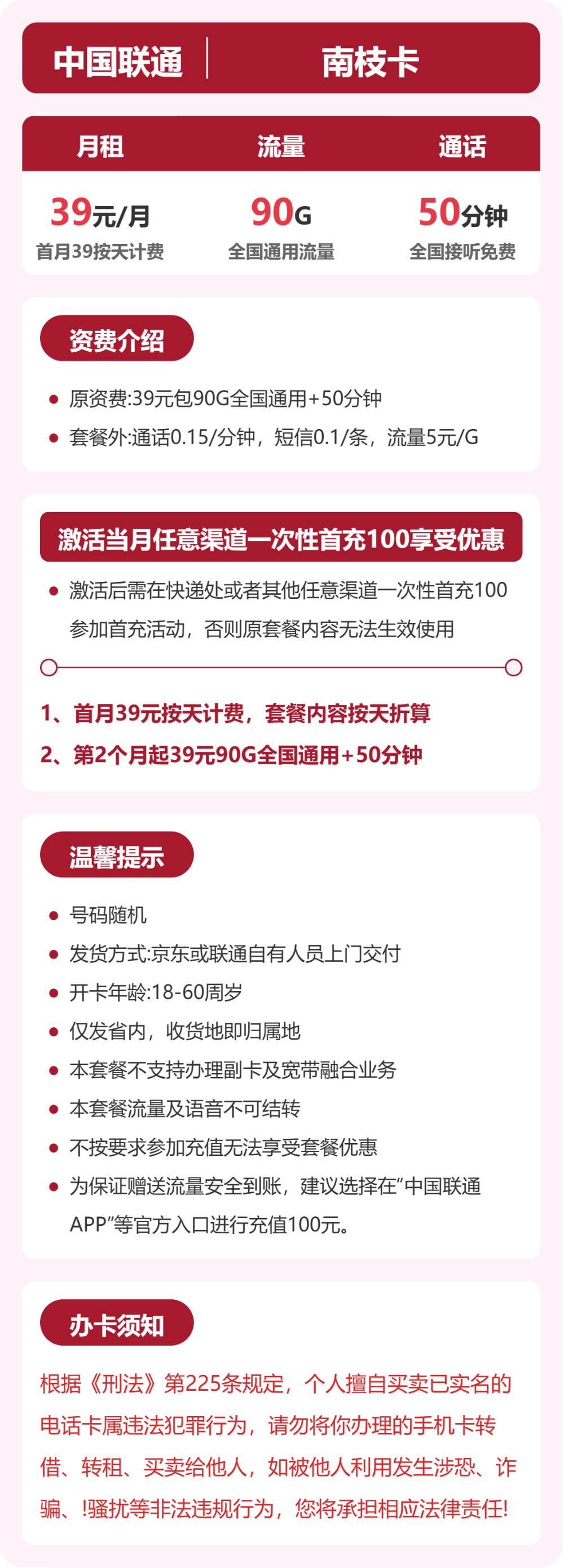 联通省内南枝卡39元包90G+50分钟