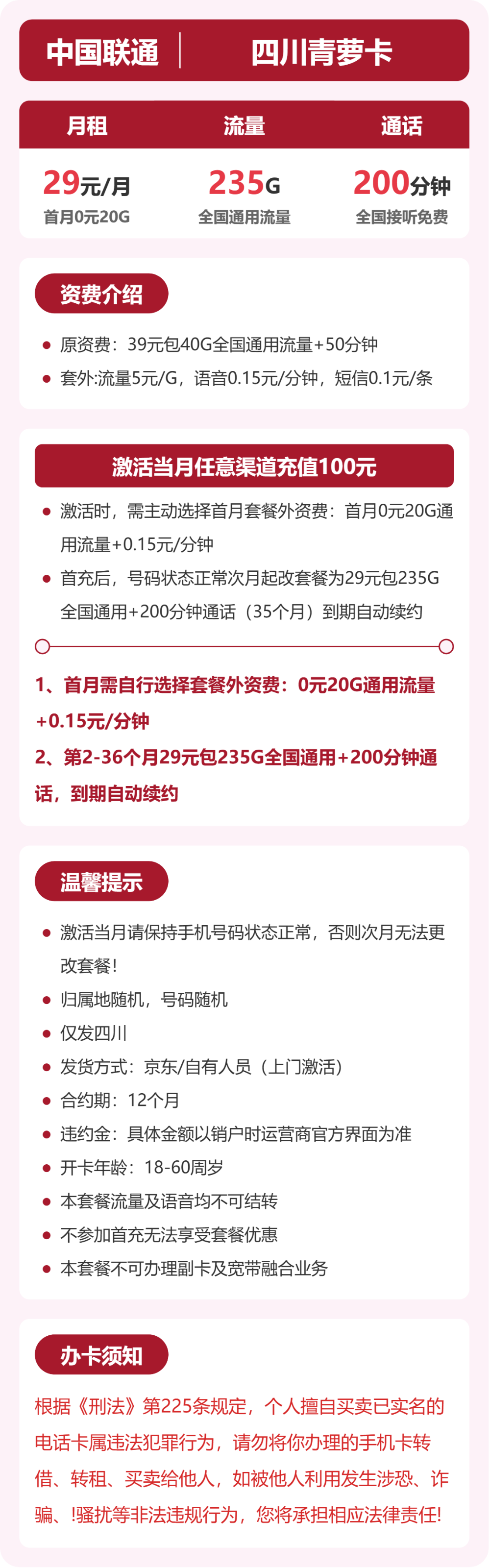 联通四川青萝卡29元包235G+200分钟