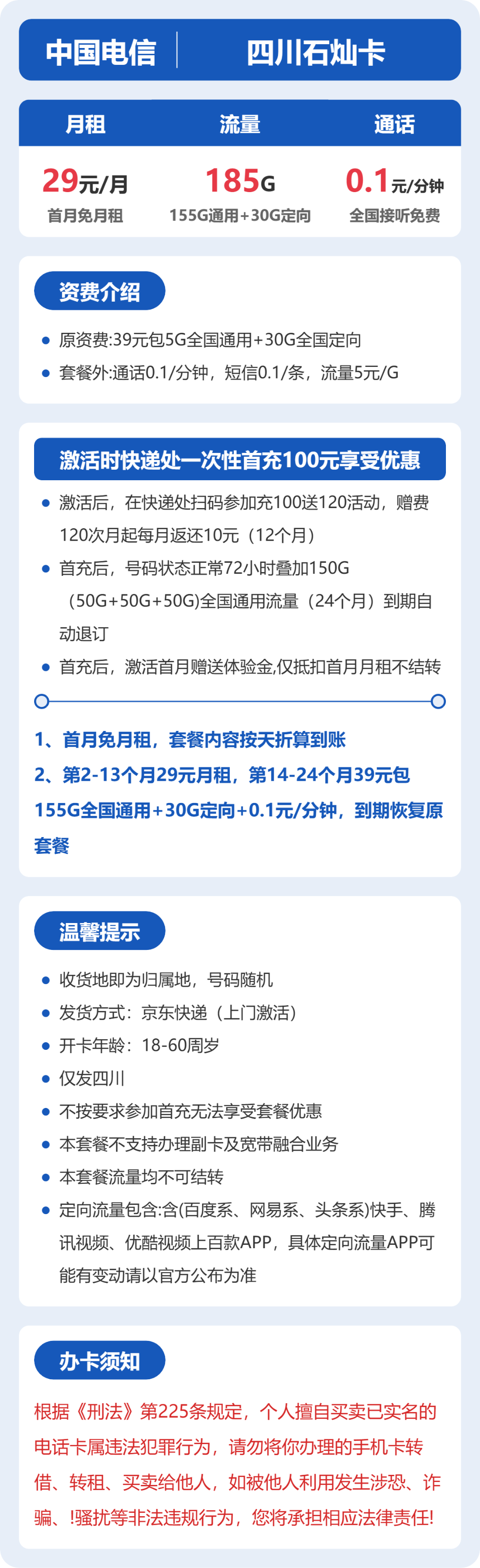 电信四川石灿卡29元包185G+0.1元/分钟