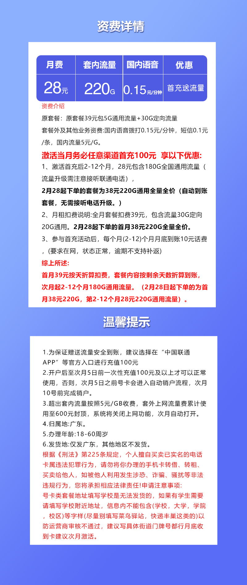 广东联通专享卡28元220G