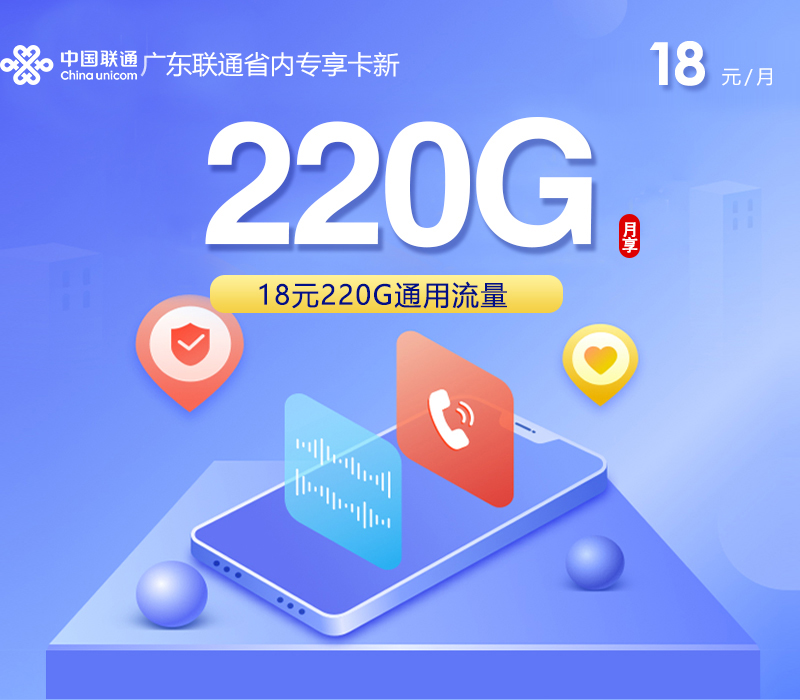 广东联通省内专享卡新18元220G