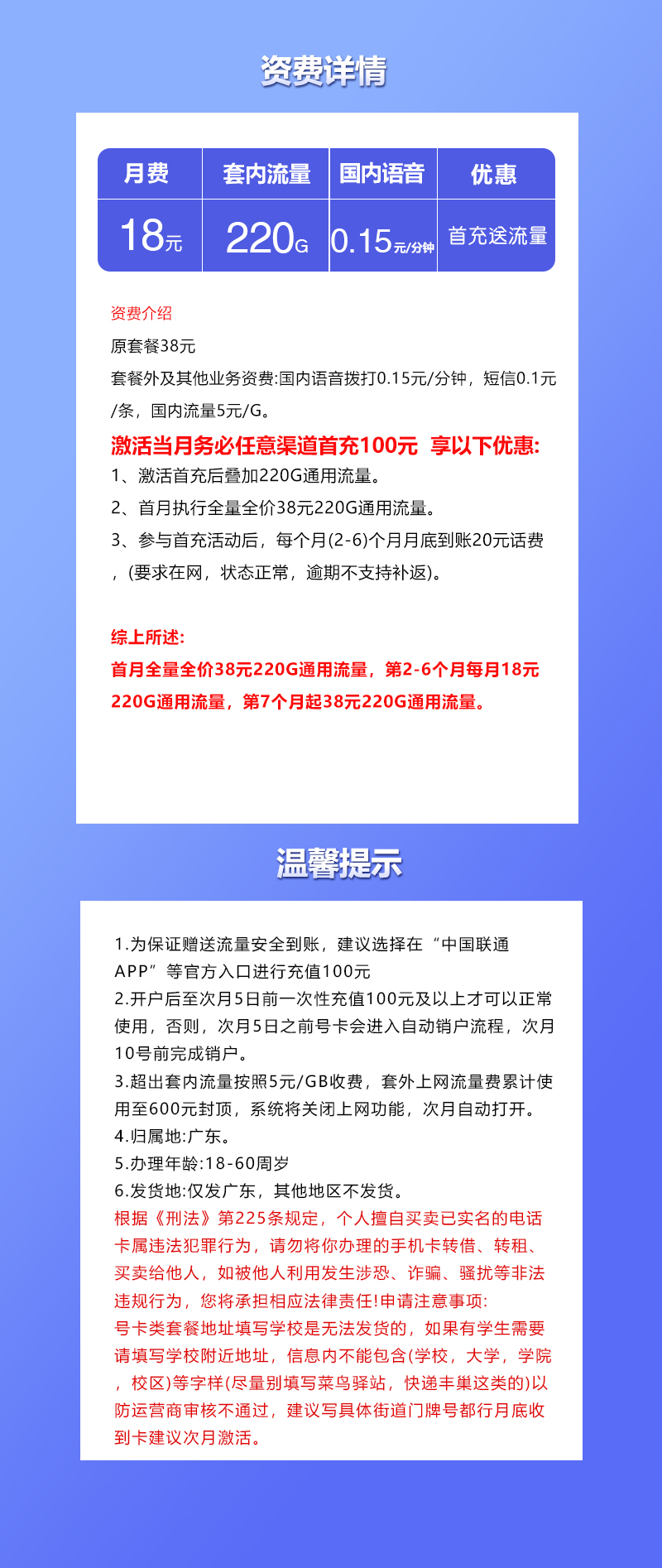 广东联通省内专享卡新18元220G