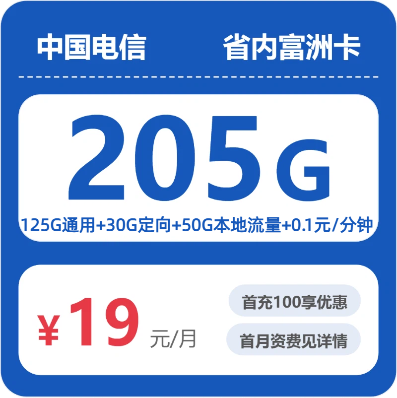 电信省内富洲卡19元包205G+0.1元/分钟