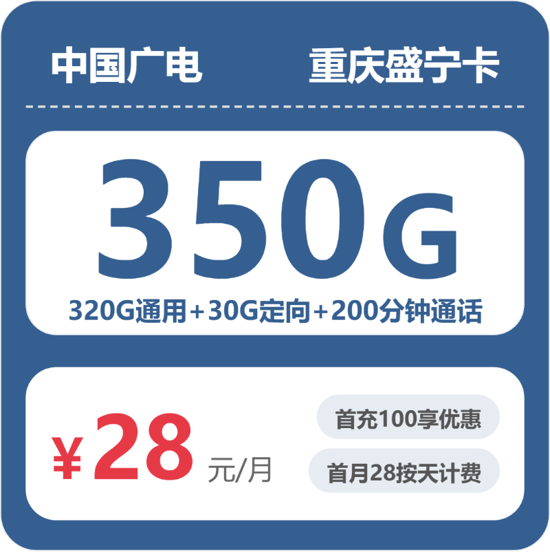 广电重庆盛宁卡28元包350G+200分钟
