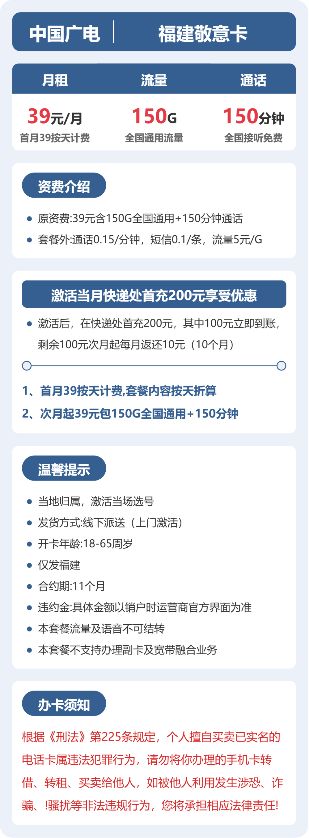 广电福建敬意卡39元包150G+150分钟