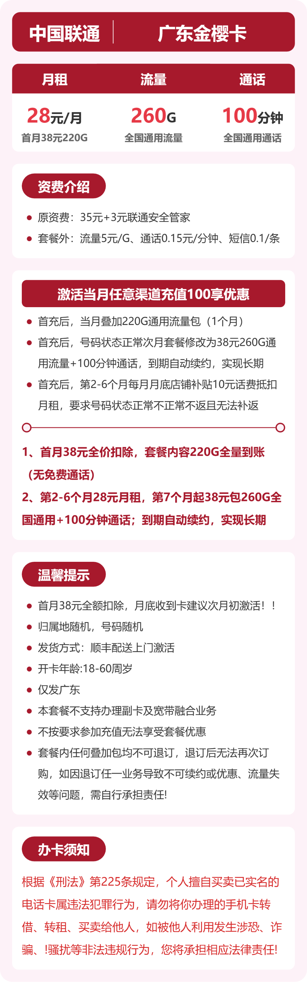 联通广东金樱卡28元包260G+100分钟