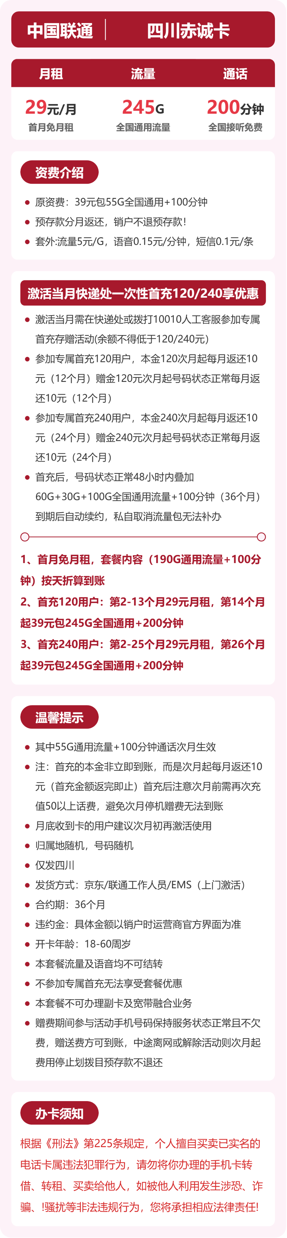 联通四川赤诚卡29元包245G+200分钟