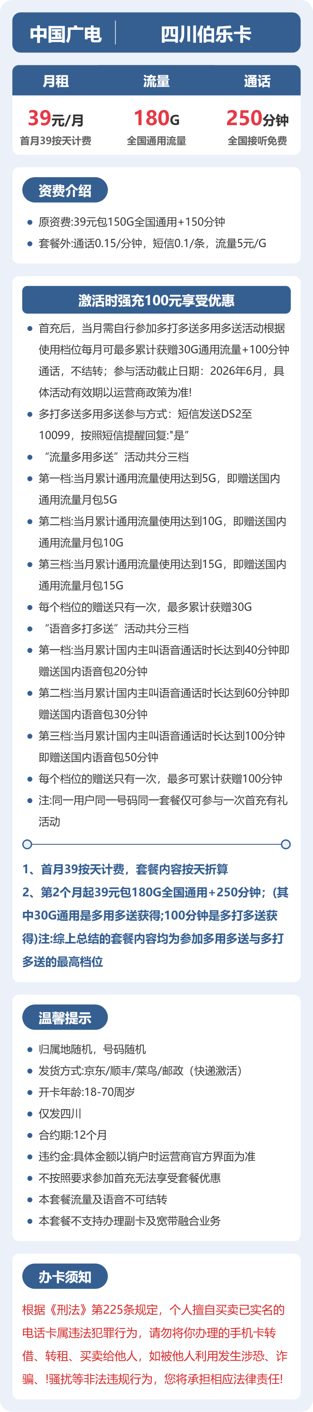 广电四川伯乐卡39元包180G+250分钟