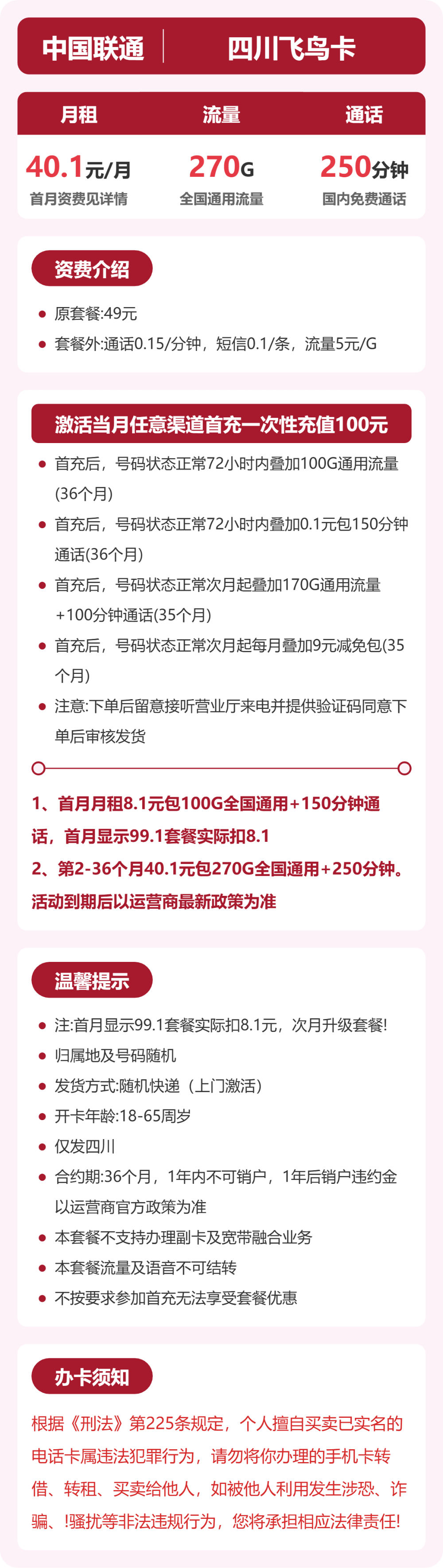 联通四川飞鸟卡40.1元包270G通用+250分钟通话