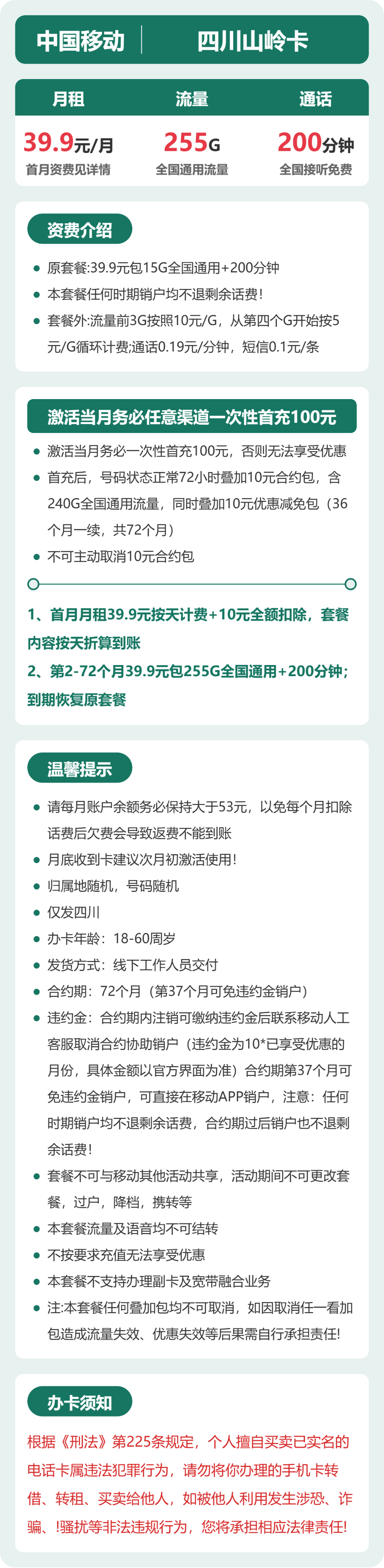 移动四川山岭卡39.9元包255G+200分钟