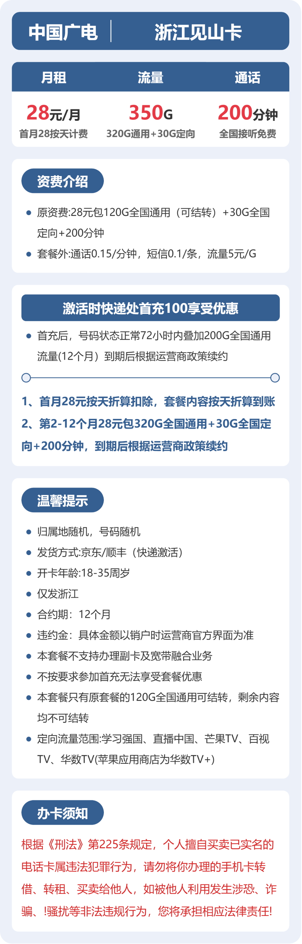 广电浙江见山卡28元包350G+200分钟