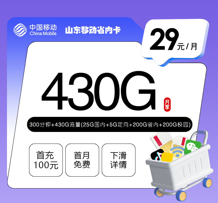 山东移动省内卡29元430G流量+300分钟