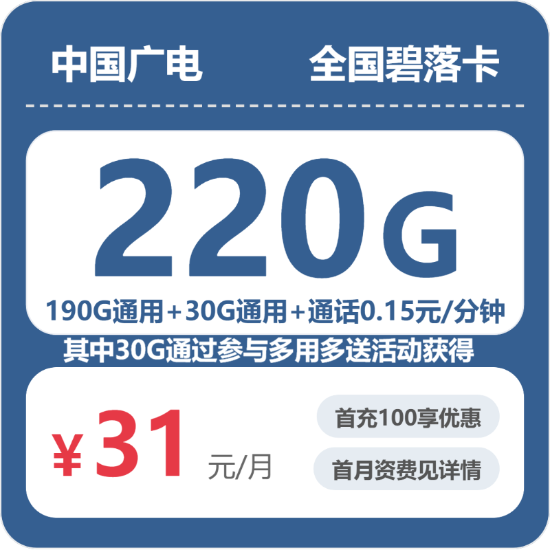广电全国碧落卡31元包220G+0.15元/分钟