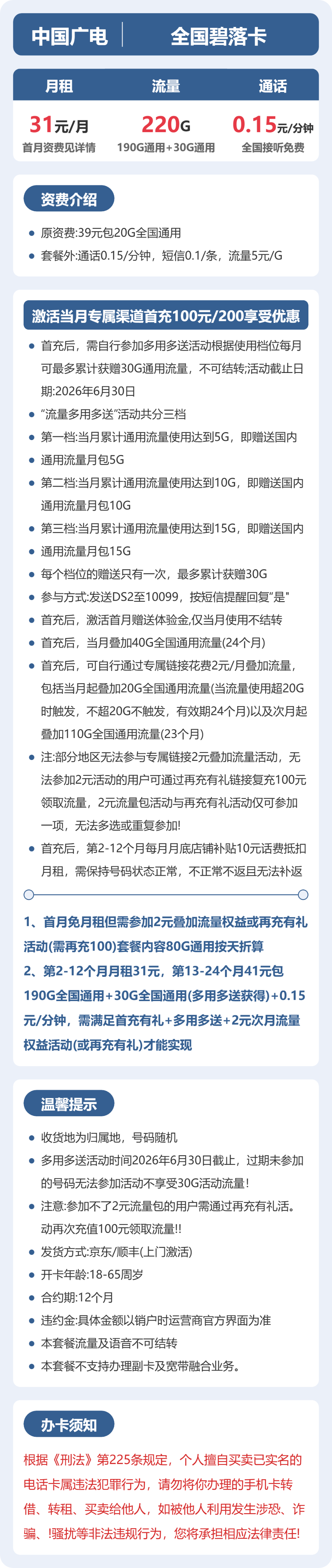 广电全国碧落卡31元包220G+0.15元/分钟
