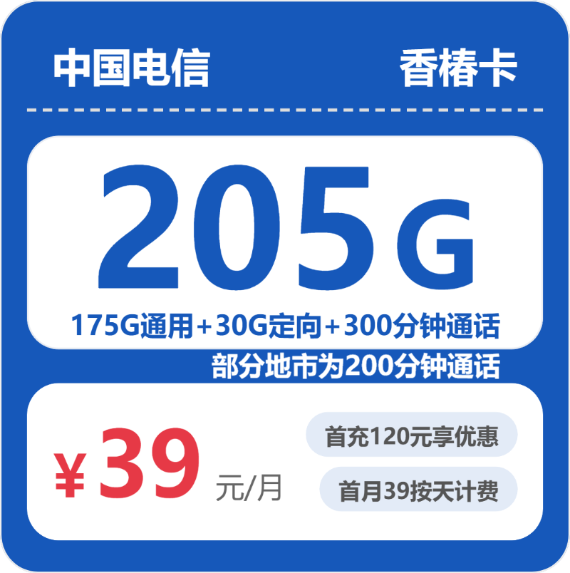 电信省内香椿卡39元包205G+300分钟