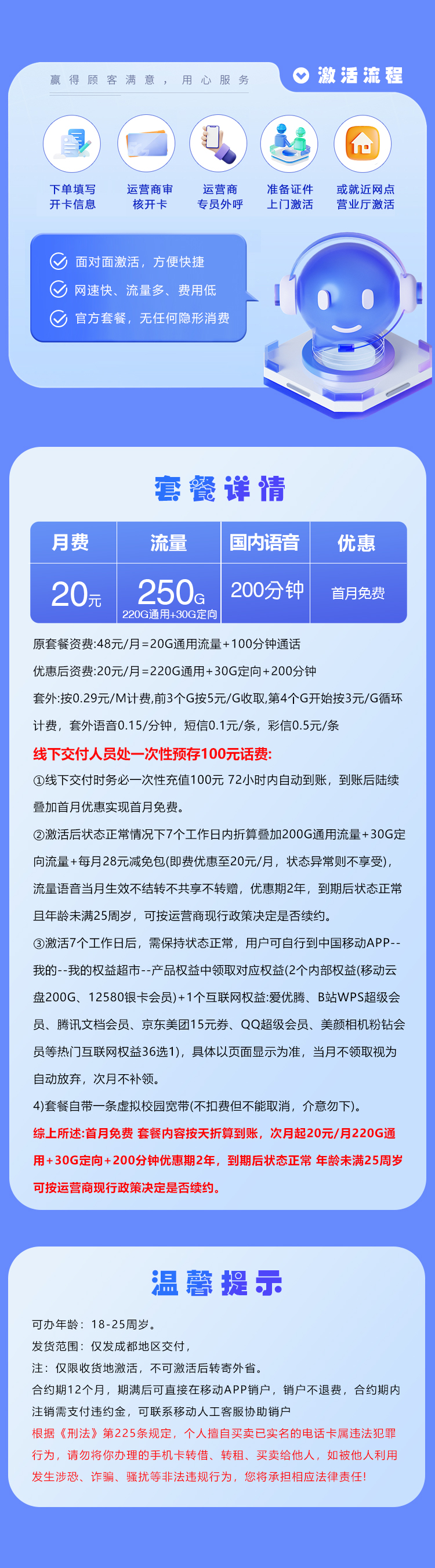 四川专享卡20元250G+200分钟+会员仅发成都