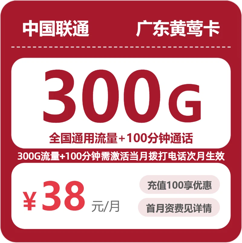 联通广东黄莺卡38元包300G+100分钟