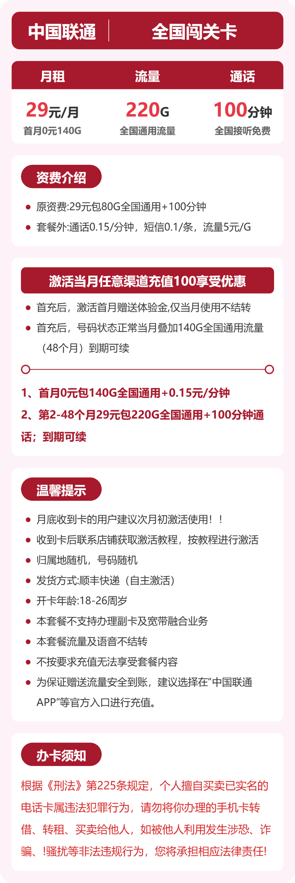 联通全国闯关卡29元包220G+100分钟