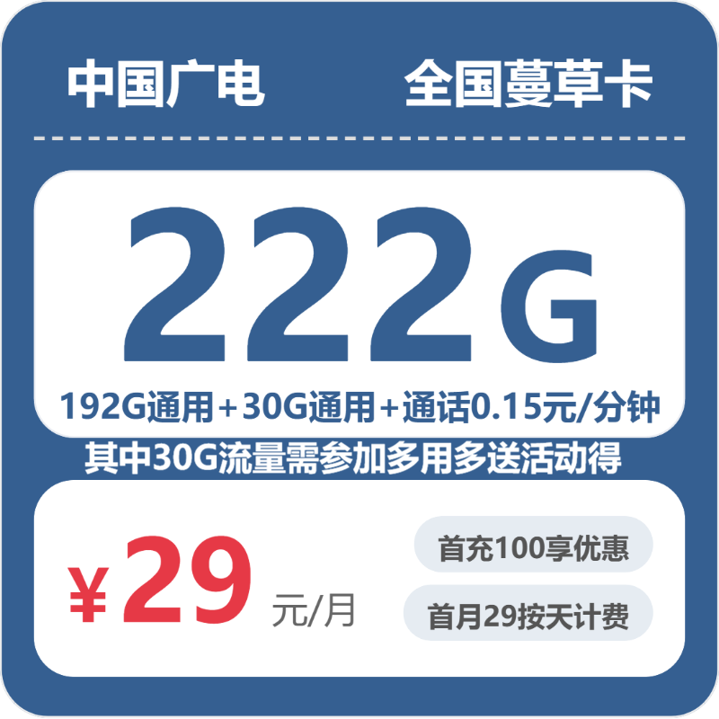 广电全国蔓草卡29元包222G+0.15元/分钟