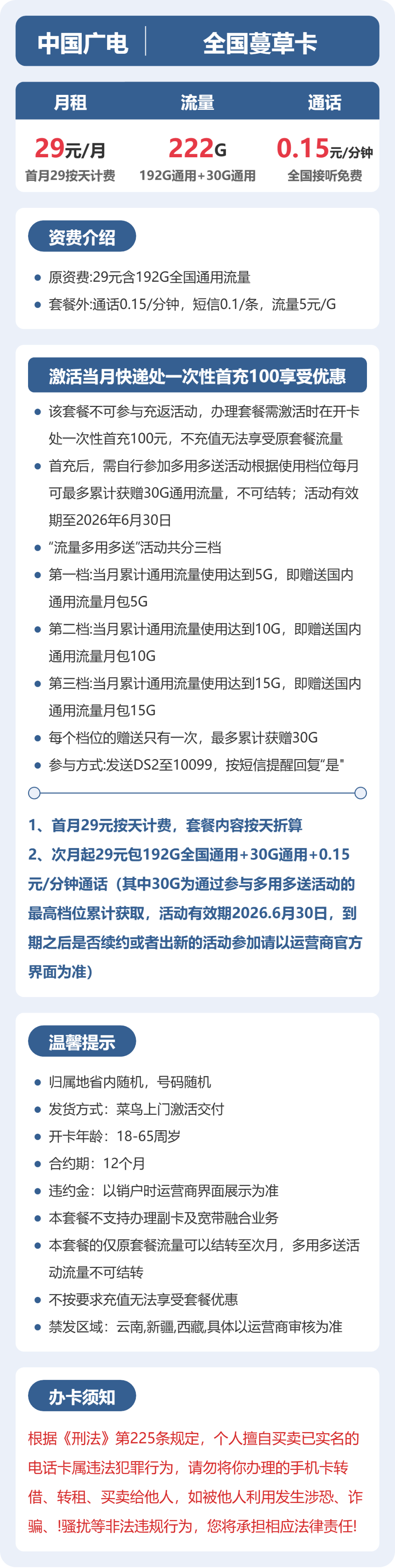 广电全国蔓草卡29元包222G+0.15元/分钟