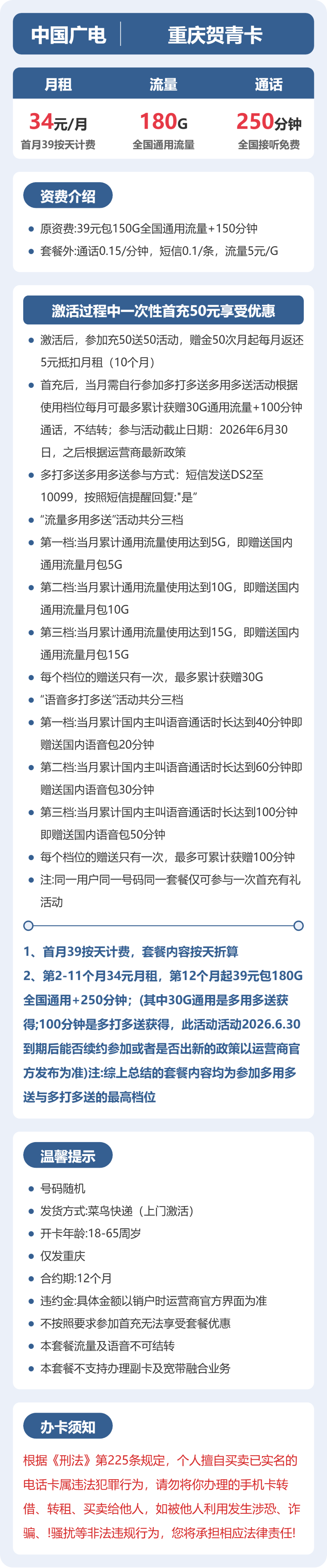 广电重庆贺青卡34元包180G+250分钟
