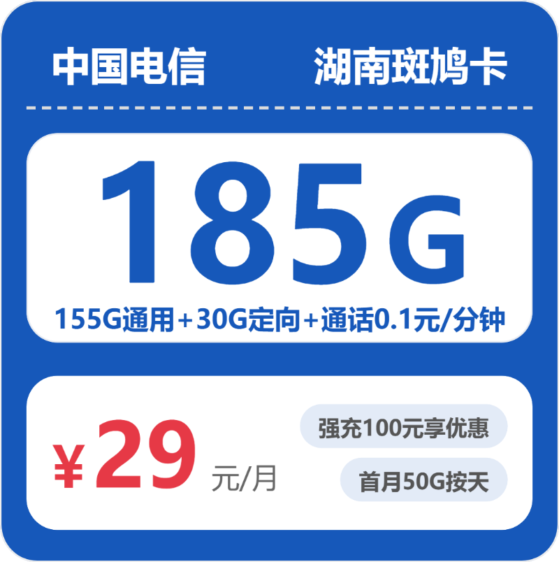 电信湖南斑鸠卡29元包185G+0.1元/分钟