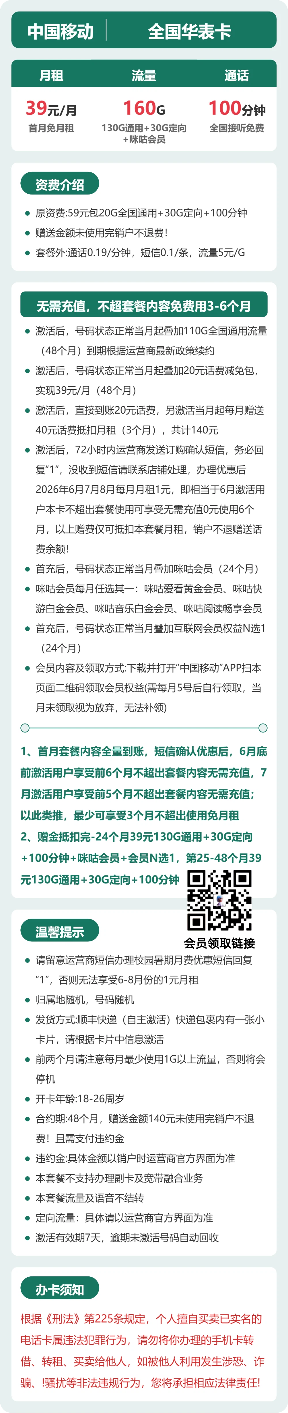 移动全国华表卡39元包160G+100分钟+会员