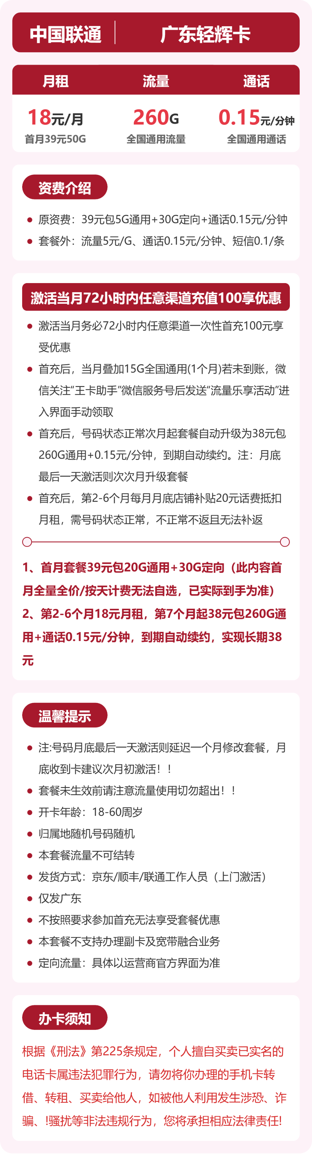 联通广东轻辉卡18元包260G+0.15元/分钟