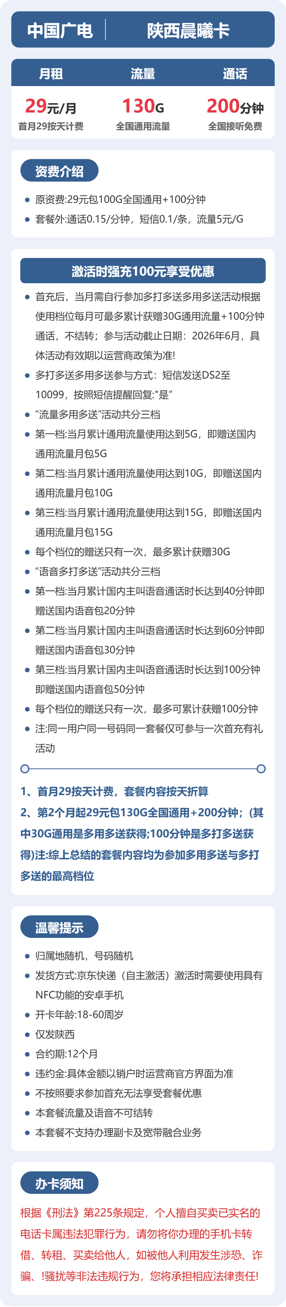 广电陕西晨曦卡29元包130G+200分钟