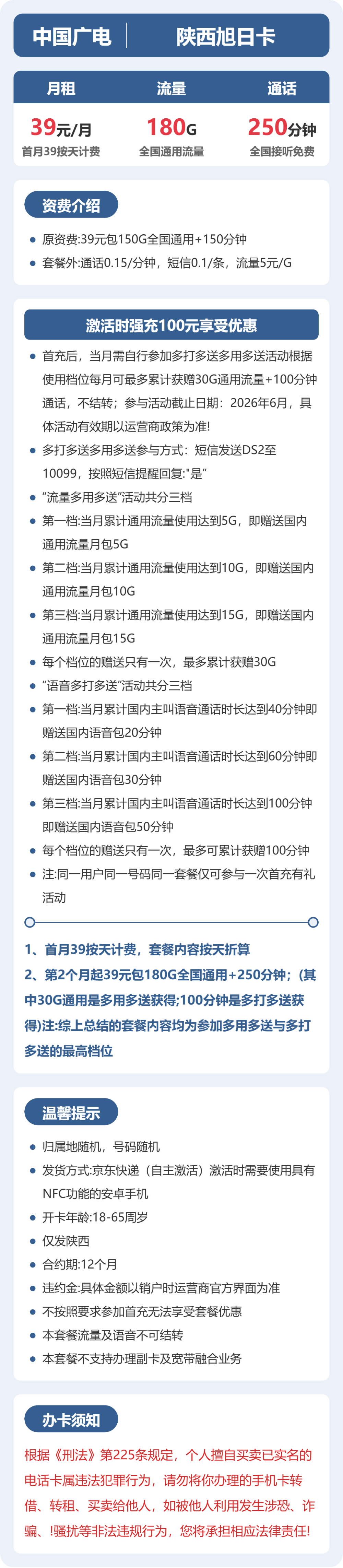 广电陕西旭日卡39元包180G+250分钟