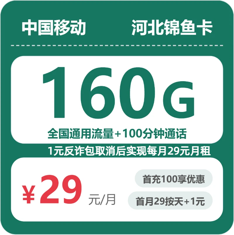 移动河北锦鱼卡29元包160G+100分钟