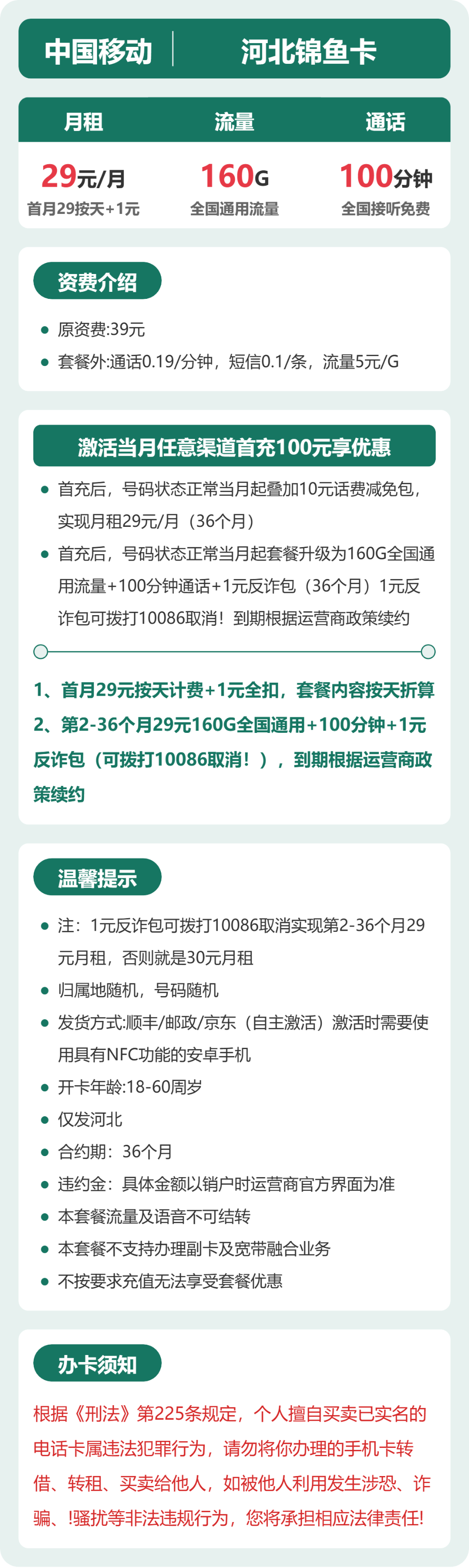 移动河北锦鱼卡29元包160G+100分钟