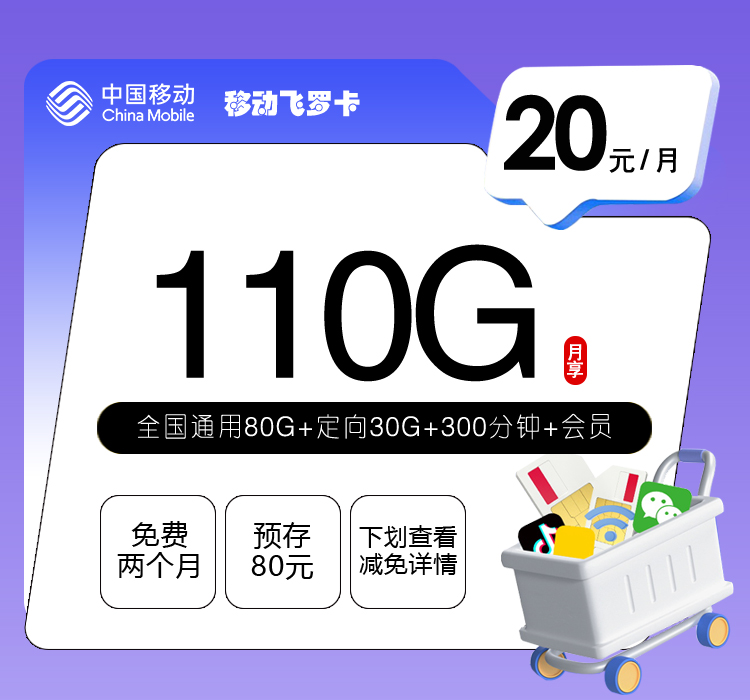 移动飞罗卡20元110G+300分钟+会员