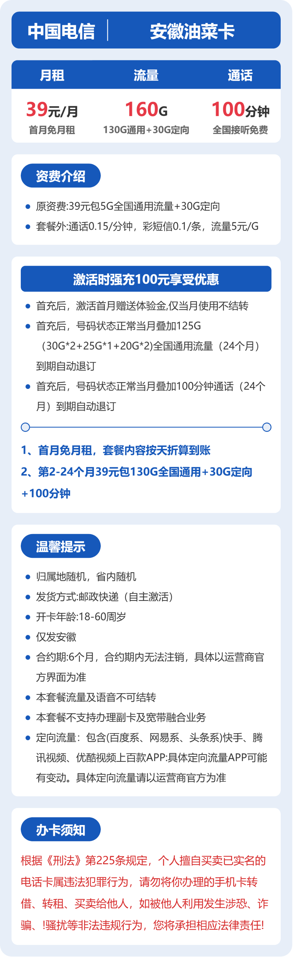 电信安徽油菜卡39元包160G+100分钟