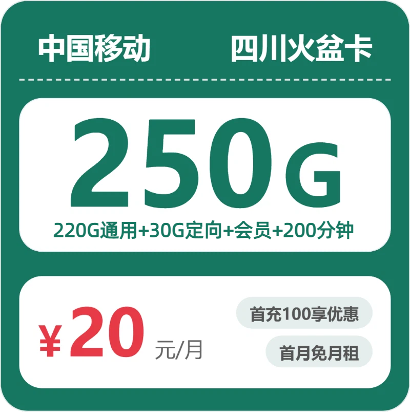 移动四川火盆卡20元包250G+200分钟