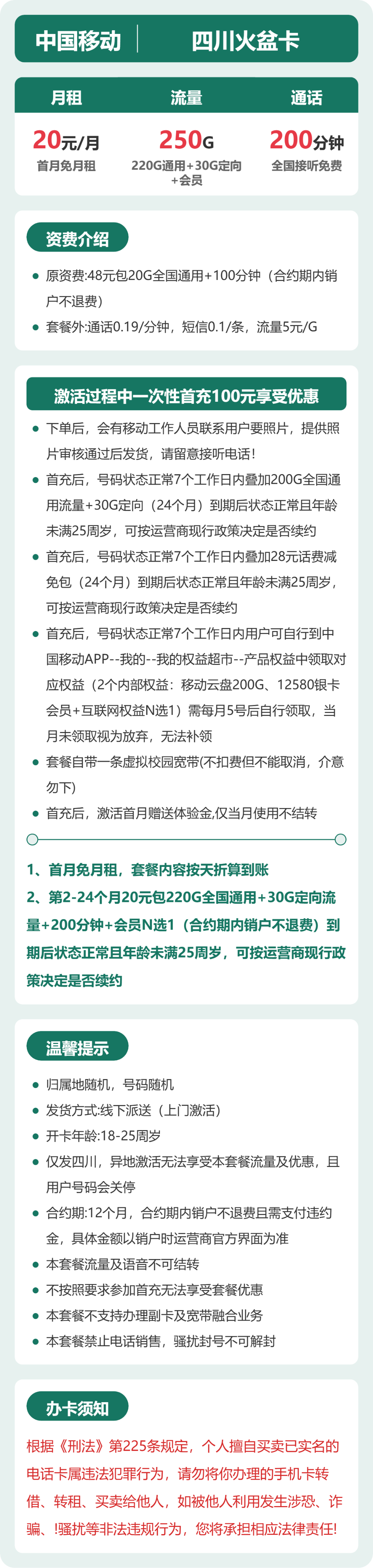 移动四川火盆卡20元包250G+200分钟